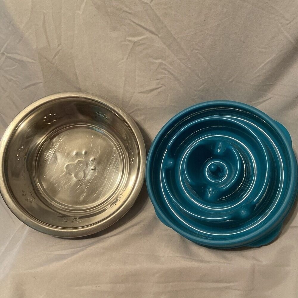 Outward Hound Fun Slow Feeder Dog Bowl Medium‎ Turquoise and Metal water bowl